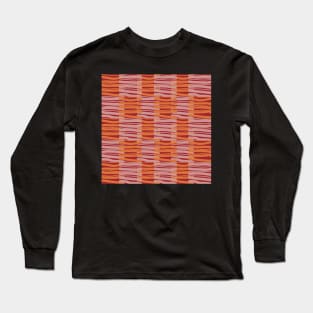 Contemporary Retro Orange Pink Burgundy Abstract Fibres Pattern Long Sleeve T-Shirt